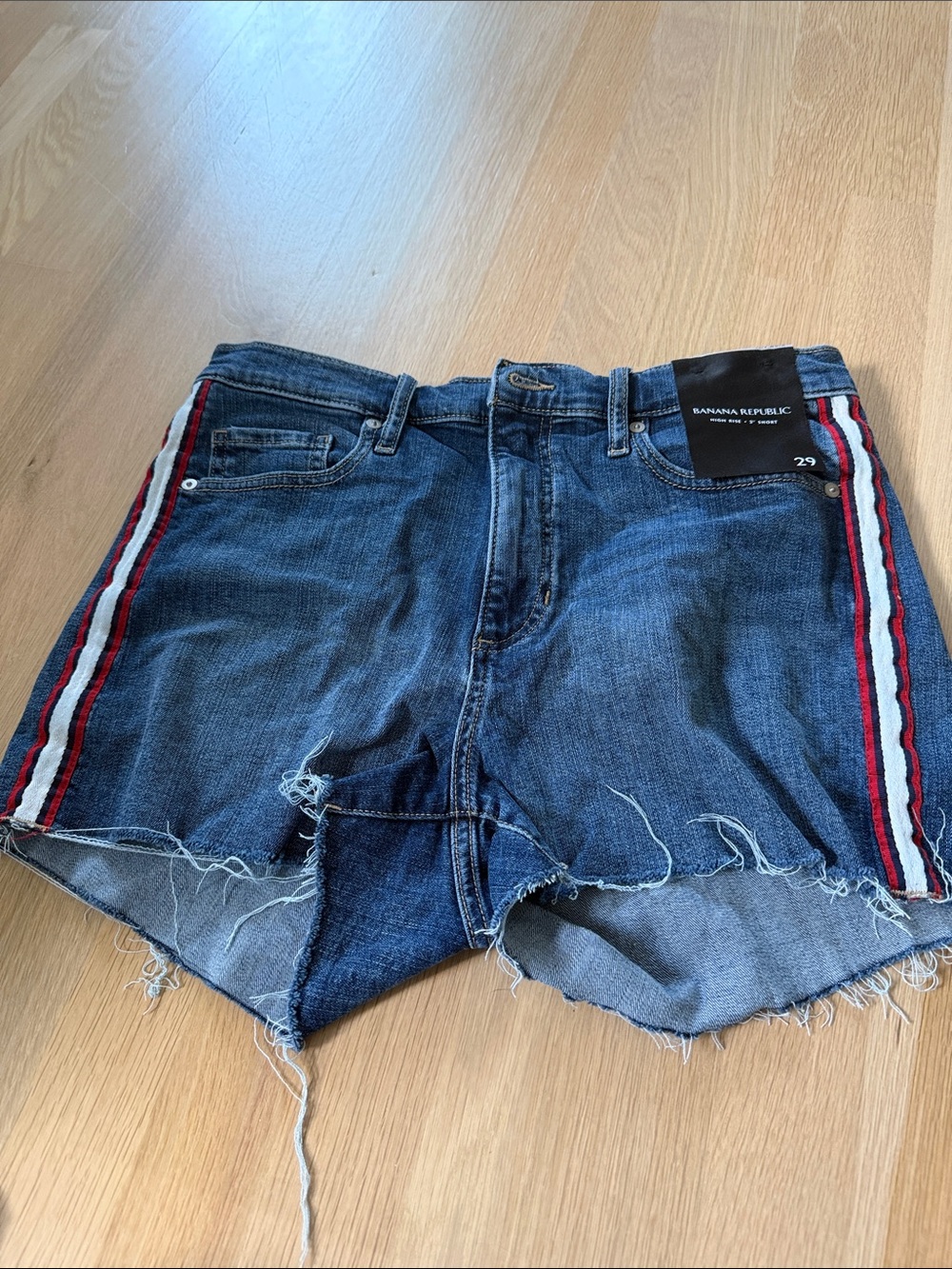 Banana Republic Blue Denim Shorts with Red & White Side Stripes